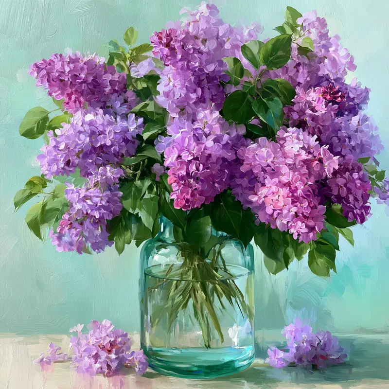 Beautiful Bouquet of Purple Lilacs in a Glass Vase Oil Painting