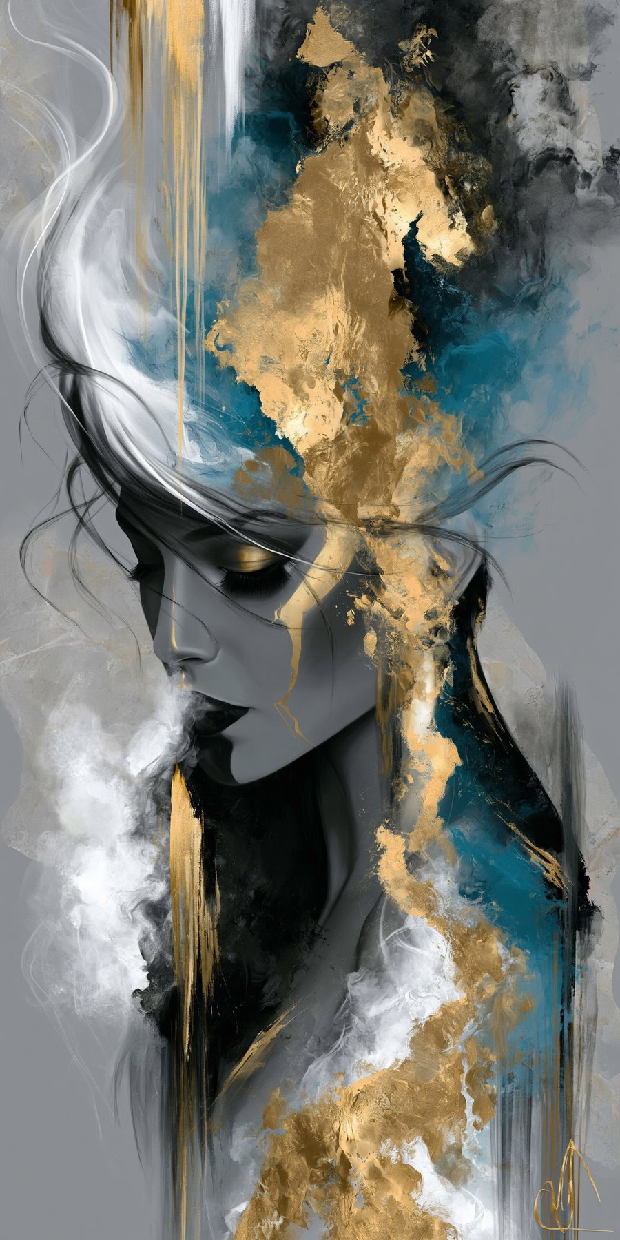 Digital painting of a woman's face in profile with eyes closed, blending into swirling gold, blue, black, and white smoke and abstract textures