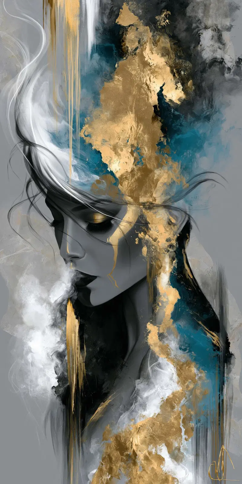 Surreal portrait of a woman merging with abstract gold and blue smoke
