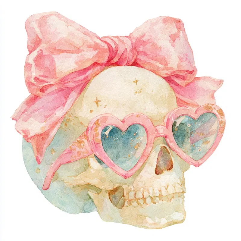 Watercolor painting of skull wearing pink bow and heart-shaped glasses