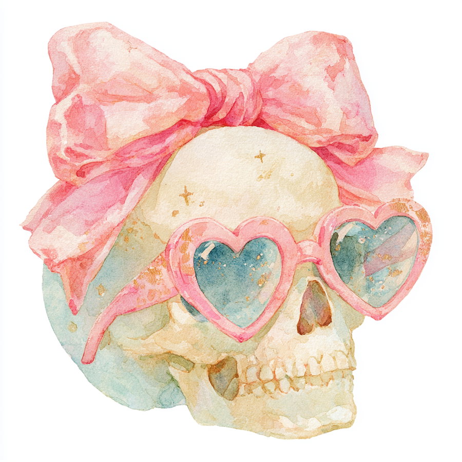 A watercolor painting depicting a human skull adorned with a large pink bow on top and pink heart-shaped sunglasses.