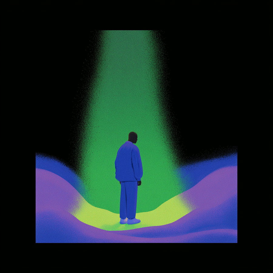 A digital illustration showing a person dressed in blue, standing on a wavy surface with green and purple light beams on a black background
