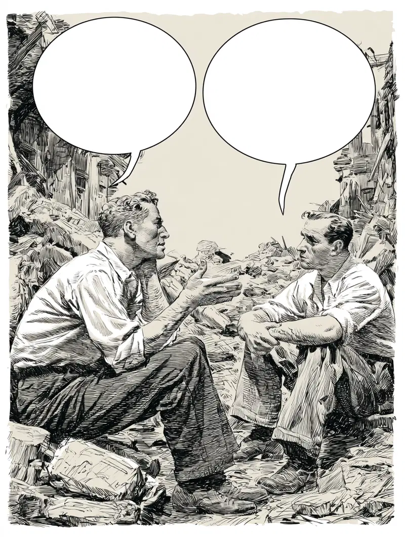 Detailed black and white comic style drawing of two men conversing amidst rubble