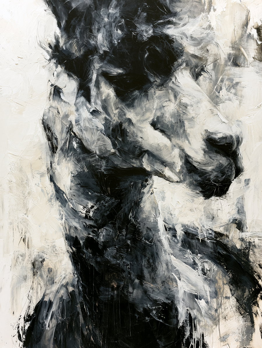 Abstract painting featuring a dog's face in black, white, and gray tones with bold and expressive brushwork
