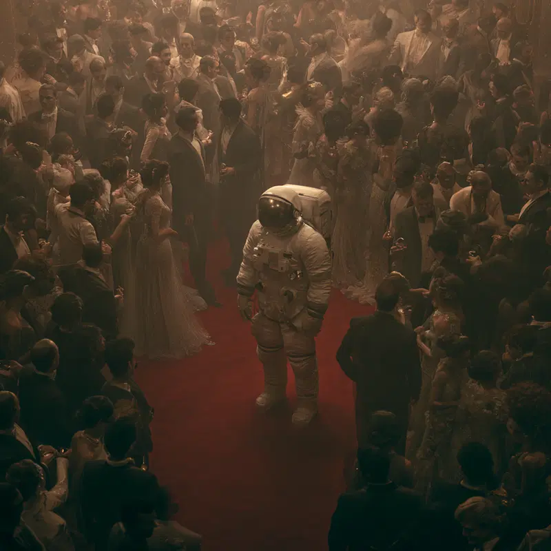 Surreal scene of an astronaut standing on a red carpet amidst a glamorous vintage crowd