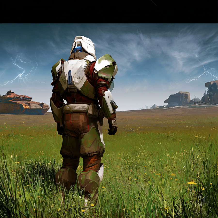 A person in white and green sci-fi armor standing in a grassy field, looking out at distant futuristic ruins under a cloudy sky with small bolts of lightning.