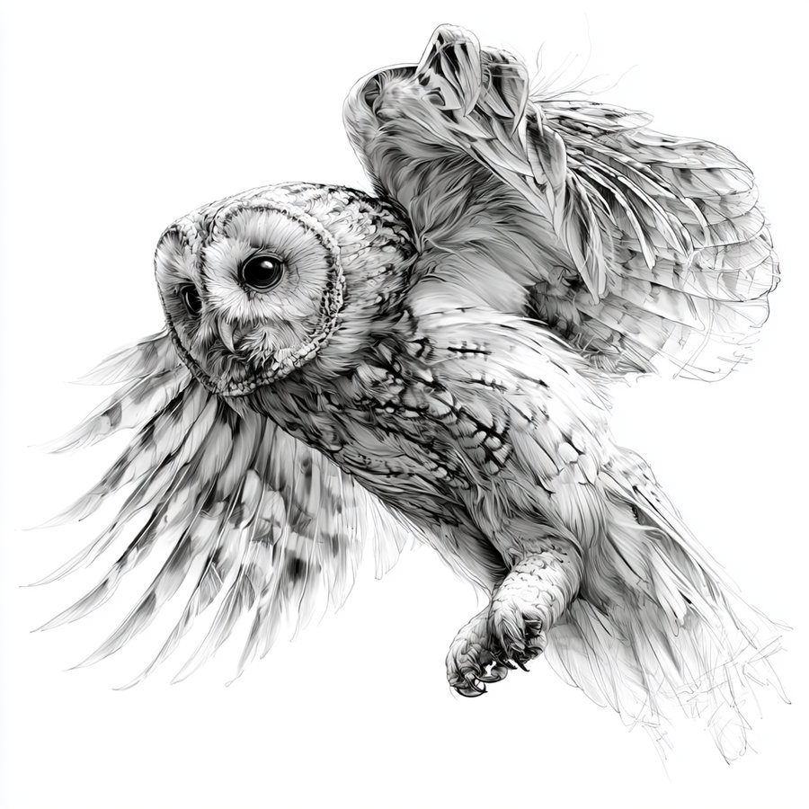 Black and white detailed ink drawing of an owl with outstretched wings and intricate feather texture on a white background