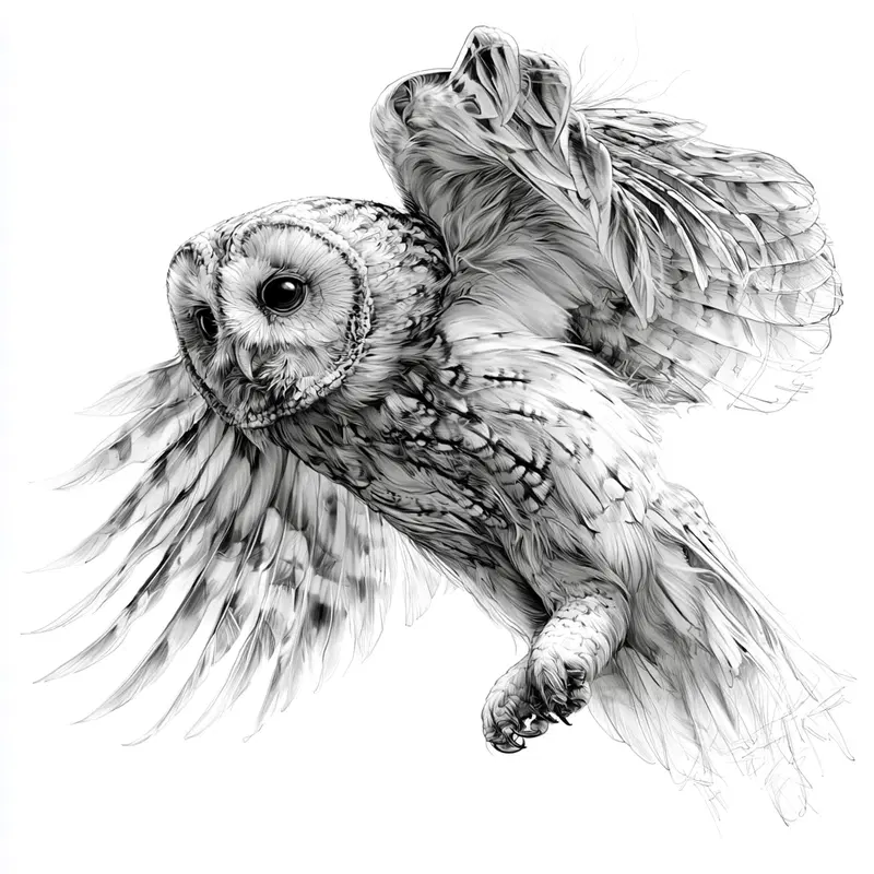 Detailed black and white ink illustration of an owl in flight
