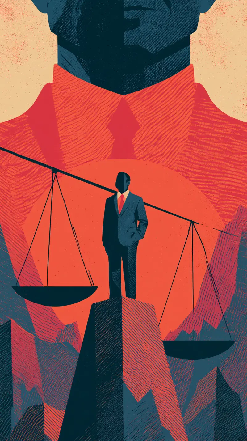 Conceptual illustration of a suited man balancing on scales symbolizing judgement or decisions