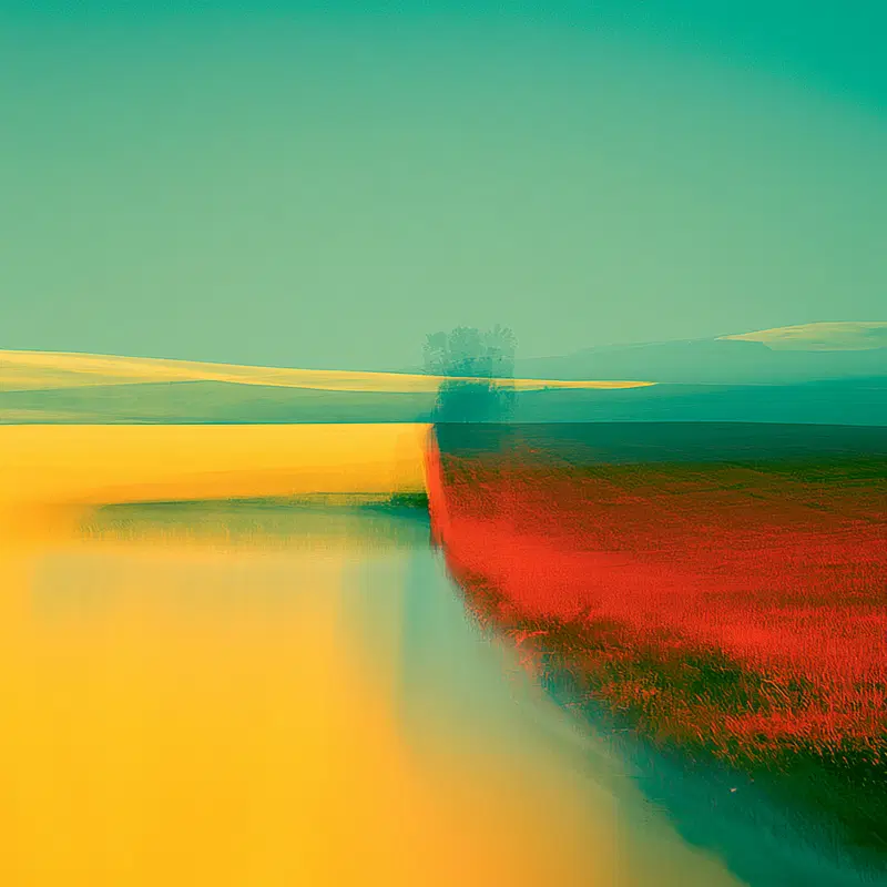Abstract landscape with vibrant yellow and red fields under a teal sky