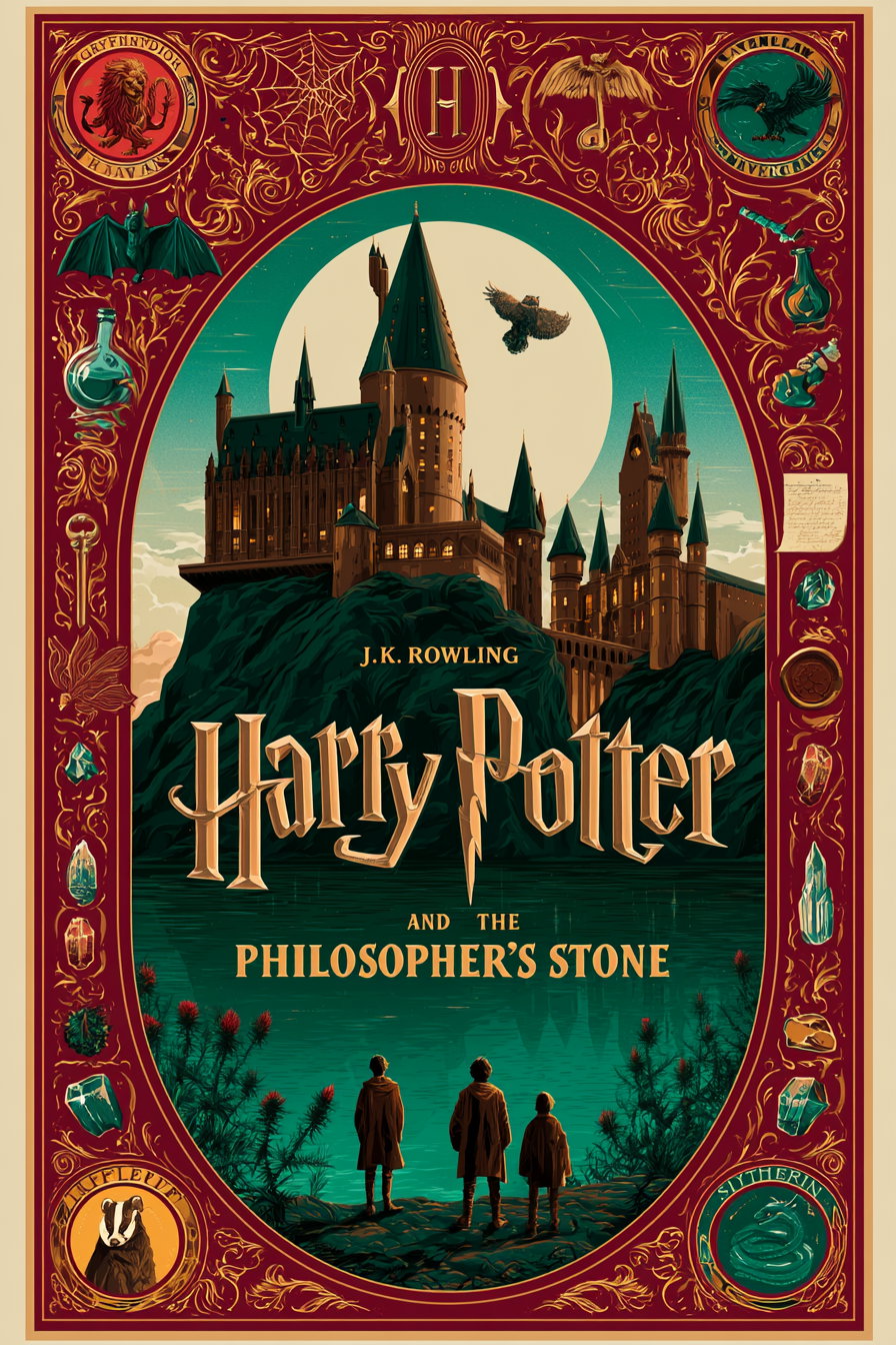 An illustrated book cover showing three figures standing by a lake with Hogwarts castle in the background under a full moon, surrounded by decorative borders featuring house crests and magical elements.