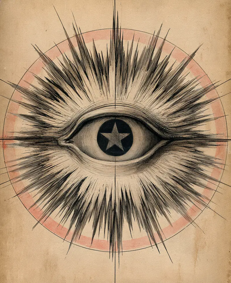 Vintage surreal illustration of an eye with star pupil and radiating lines