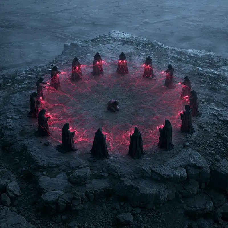 Dark fantasy scene with cloaked figures casting red magic in a circle