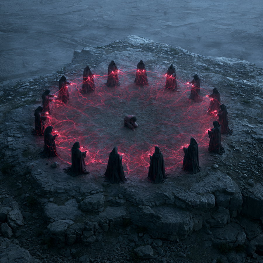 A group of hooded cloaked figures standing in a circle on rocky terrain, casting red magical energy towards the center where a crouching person is surrounded by the glowing red energy.