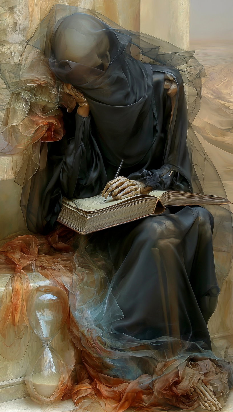 A skeletal figure cloaked in flowing black fabric sits writing in an oversized book, with translucent orange and blue fabrics swirling around and an hourglass placed nearby.