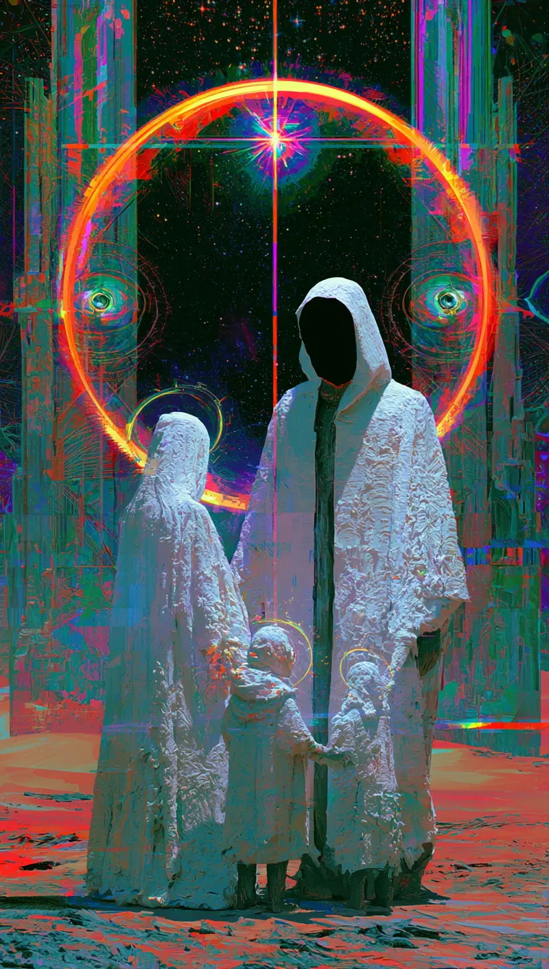 Mysterious hooded figures with glowing halos in surreal cosmic environment