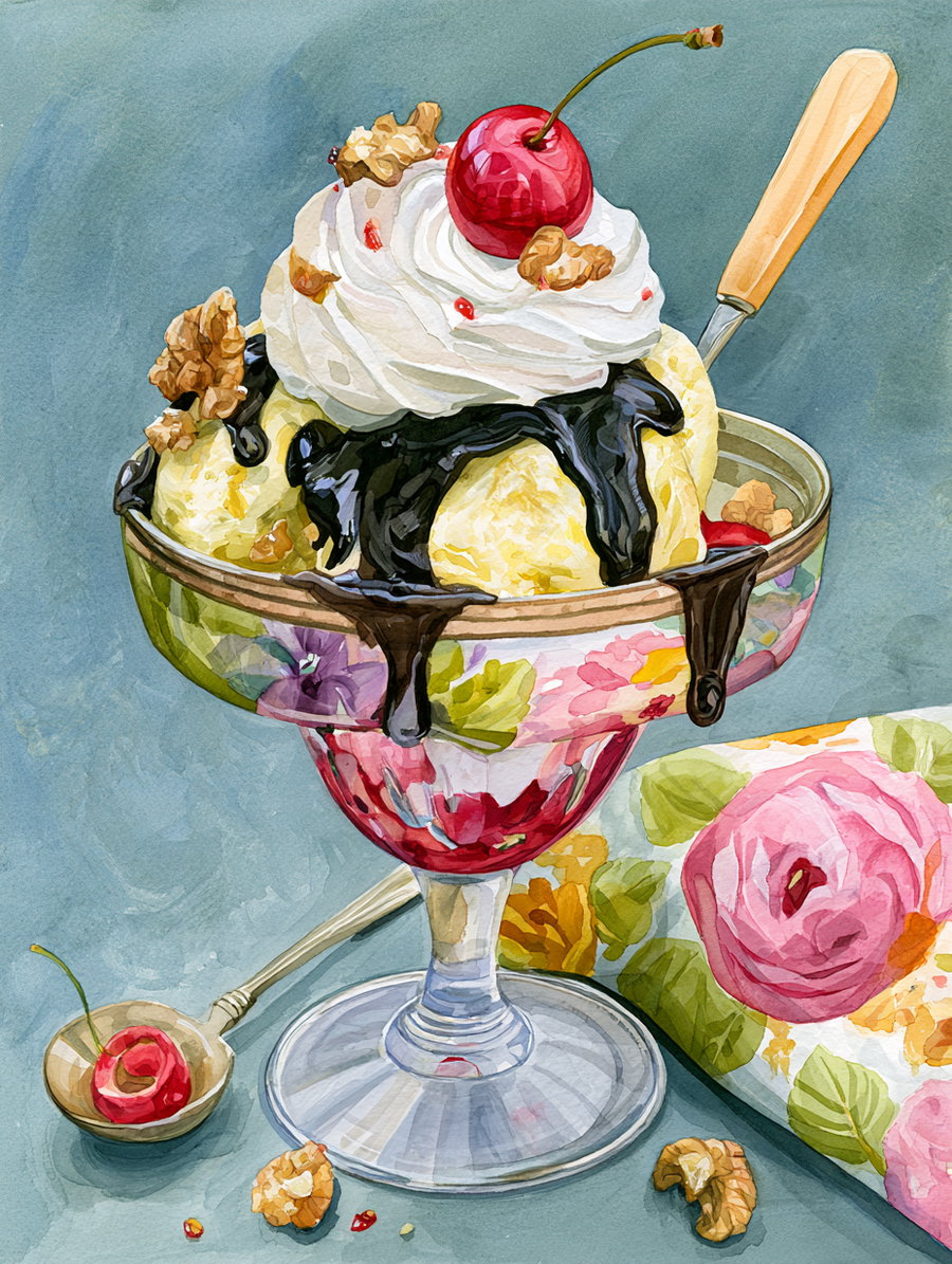 A watercolor painting depicting a glass ice cream sundae dish filled with scoops of yellow ice cream topped with whipped cream, chocolate sauce, walnuts, and a cherry, set against a blue background with a floral napkin and spoon.
