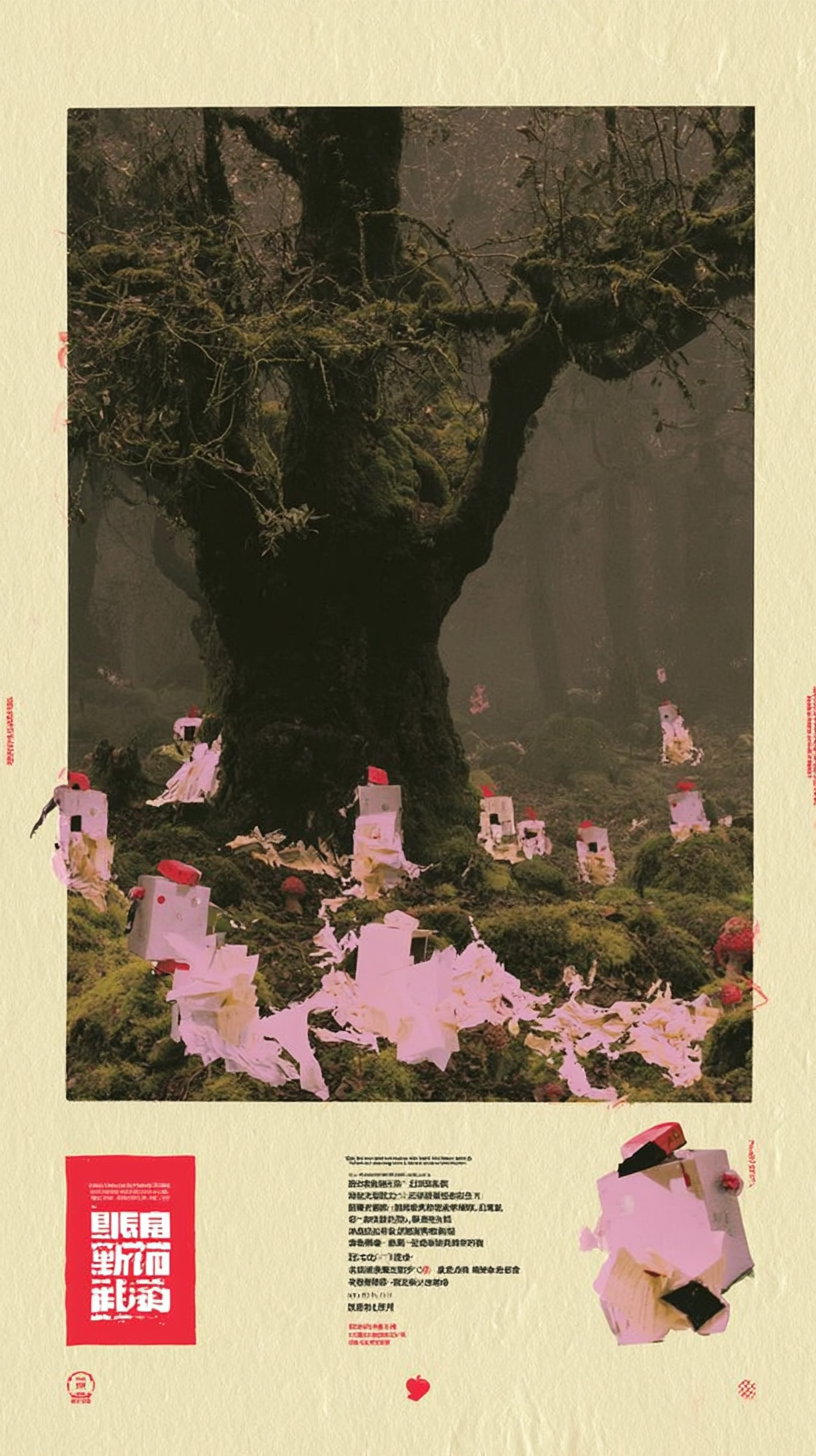 A large, moss-covered tree in a misty forest with small, glowing, humanoid figures made of paper scattered around its base