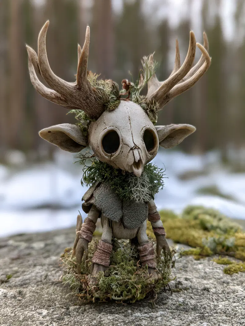Detailed fantasy creature sculpture with deer skull head and moss accessories