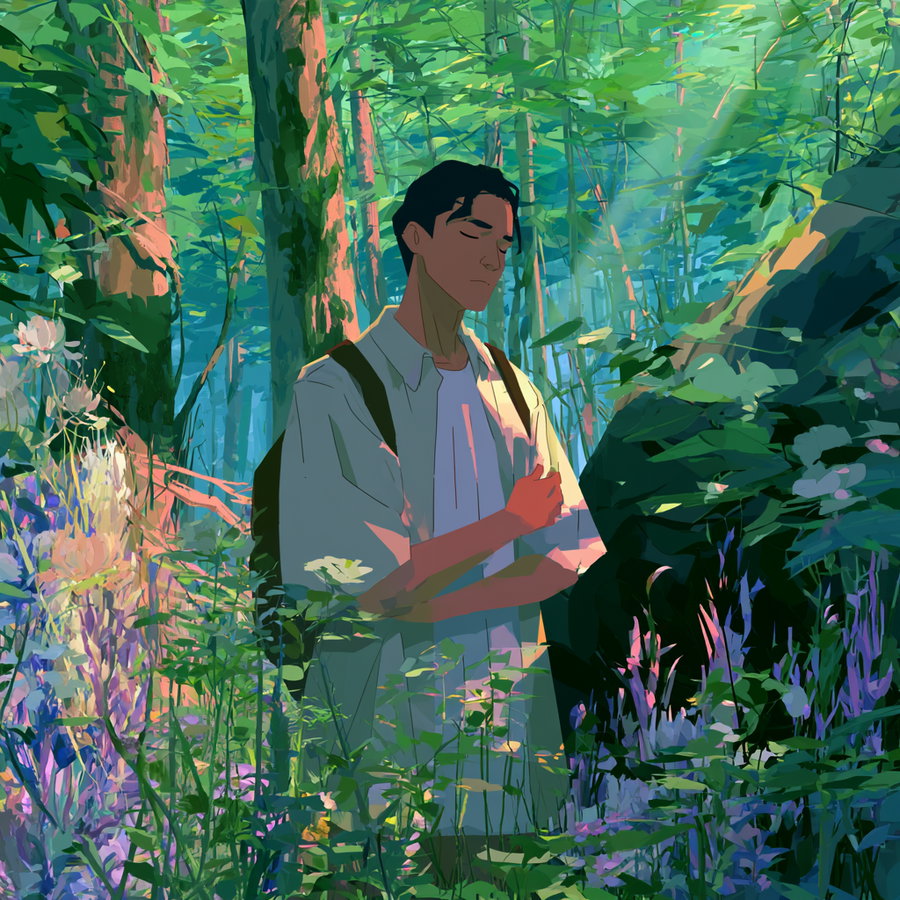 Illustration of a young man with dark hair and a backpack standing calmly in a lush forest surrounded by greenery and purple flowers