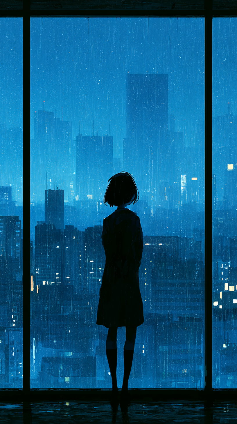 An anime-style digital artwork showing a girl with short hair standing indoors, looking through a large rain-speckled window at a cityscape filled with tall buildings lit up at night.