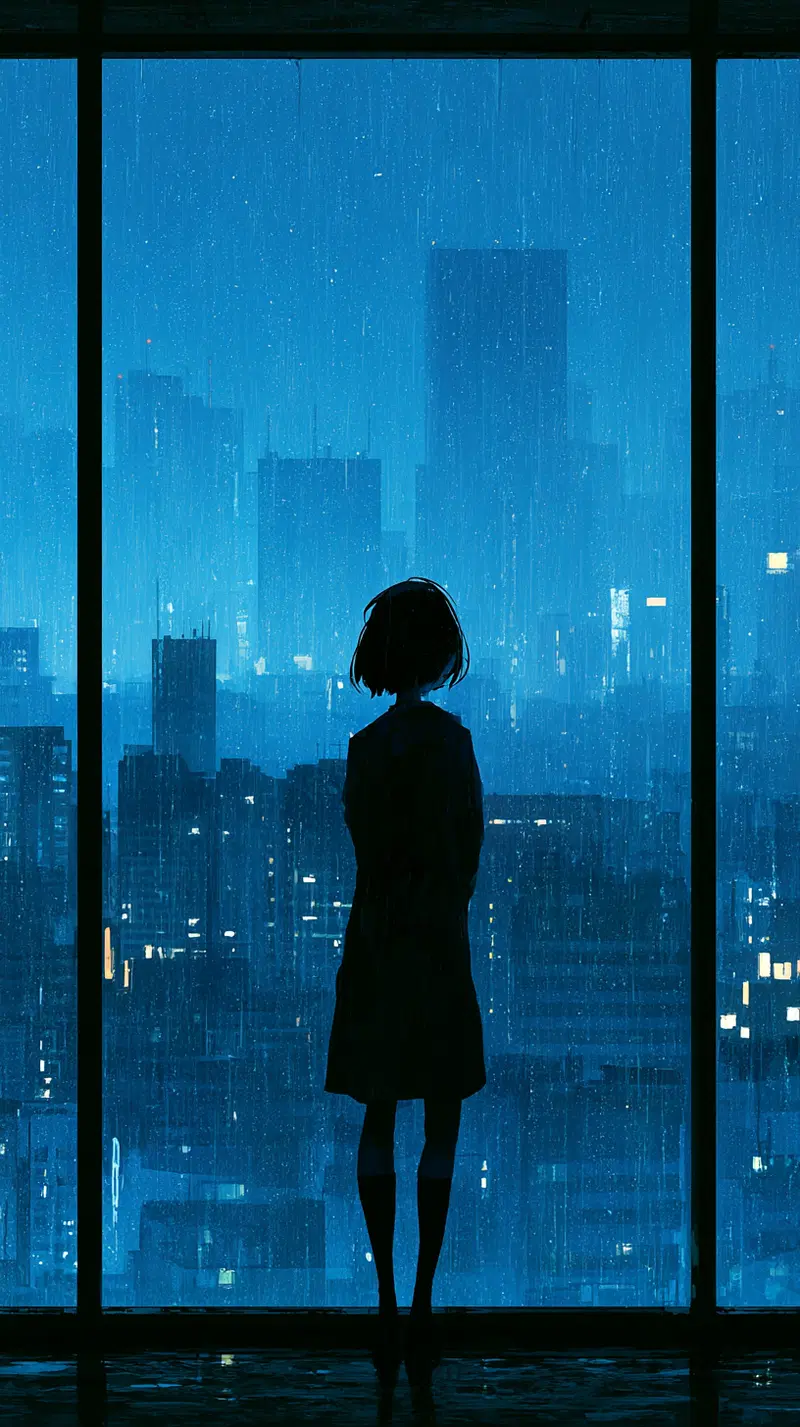 Silhouette of a girl looking out at a rainy city skyline at night