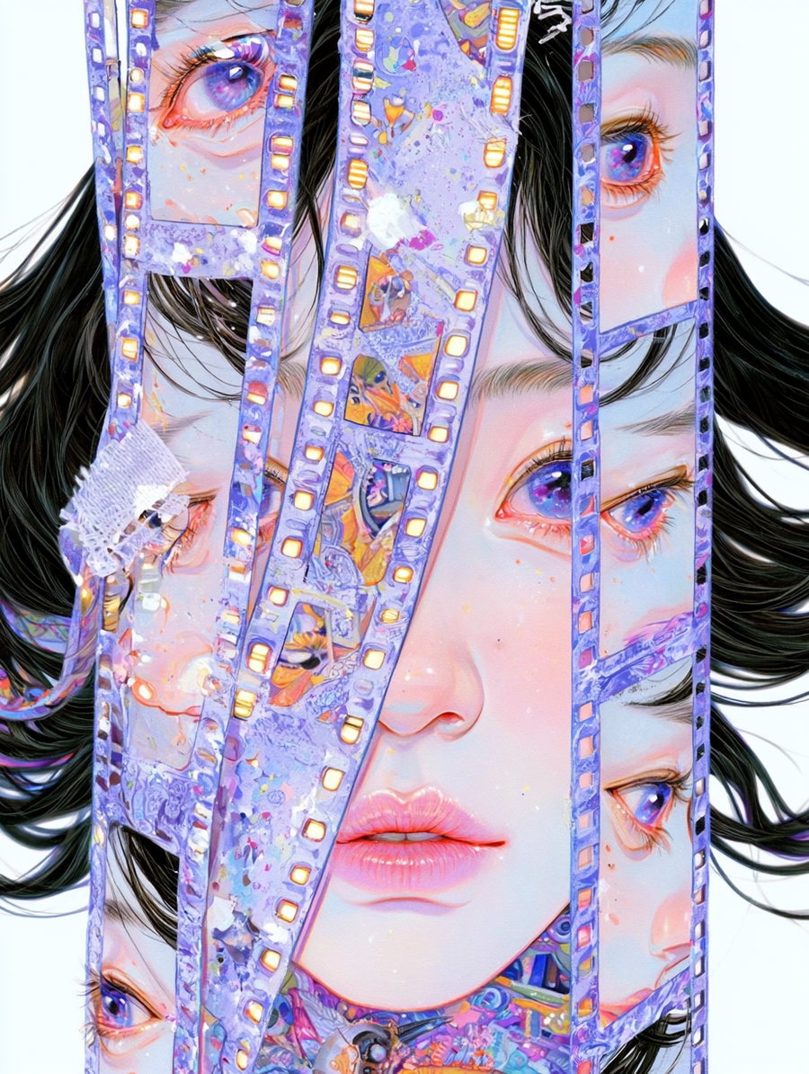 A surreal digital illustration of a female face interwoven with detailed purple and orange film strips showing multiple close-up eyes and parts of the face with intricate textures and patterns.
