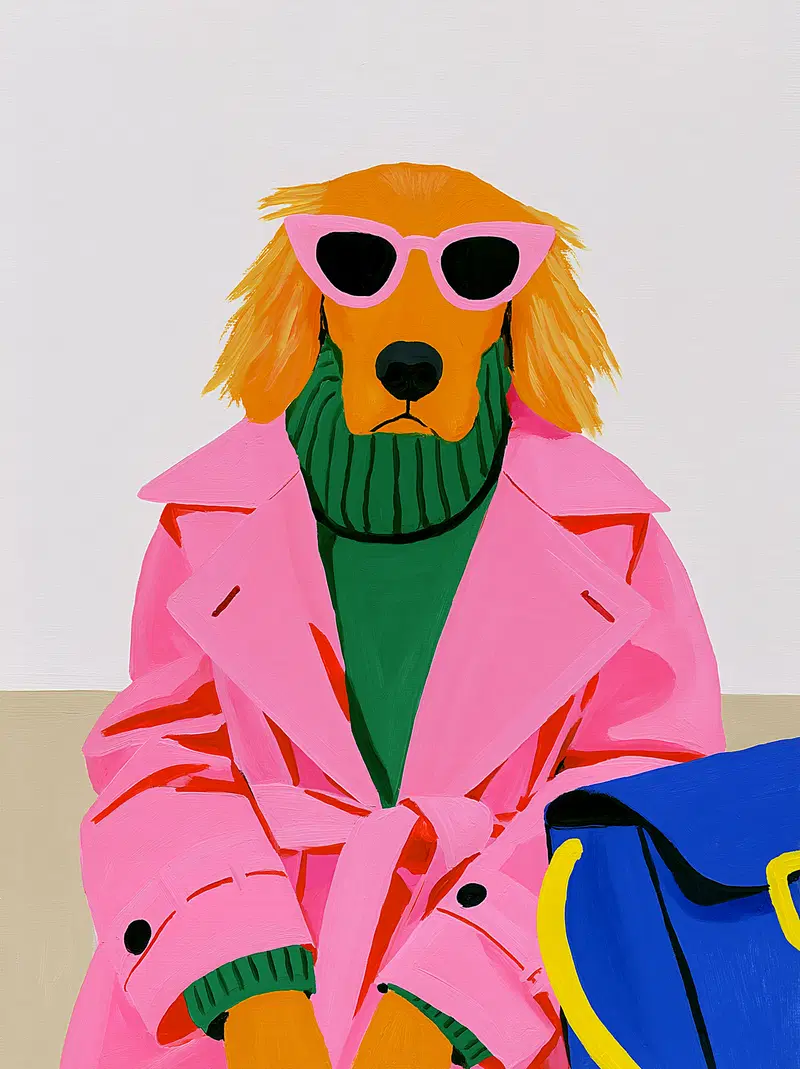 Stylish dog portrait wearing pink sunglasses and coat with a blue bag