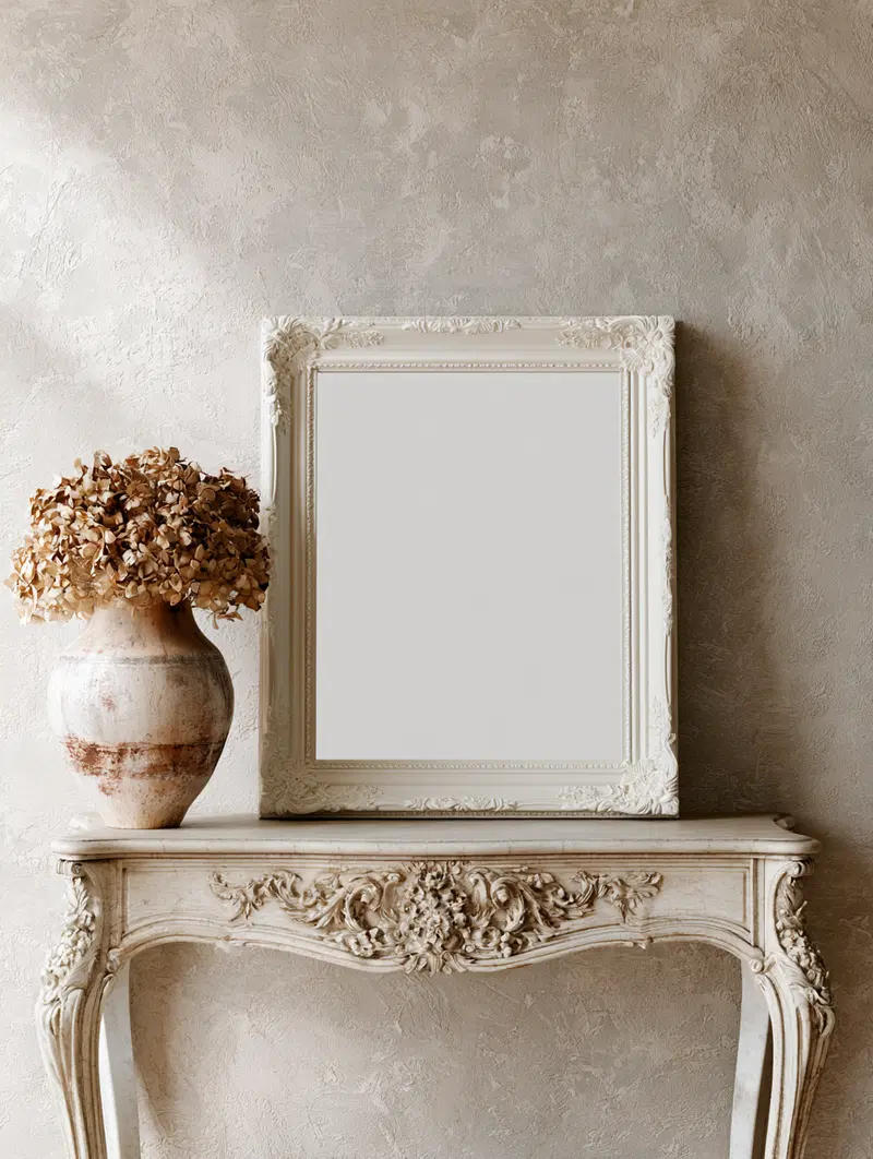 Elegant vintage styled console table with ornate frame and dried flowers