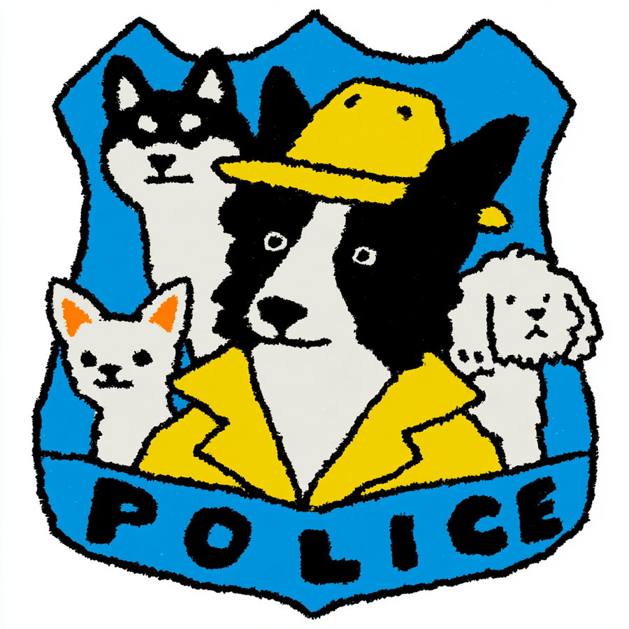 Illustration showing a black and white dog wearing a yellow police hat and jacket, accompanied by three other dogs in the background, with a blue police badge outline and the word POLICE at the bottom