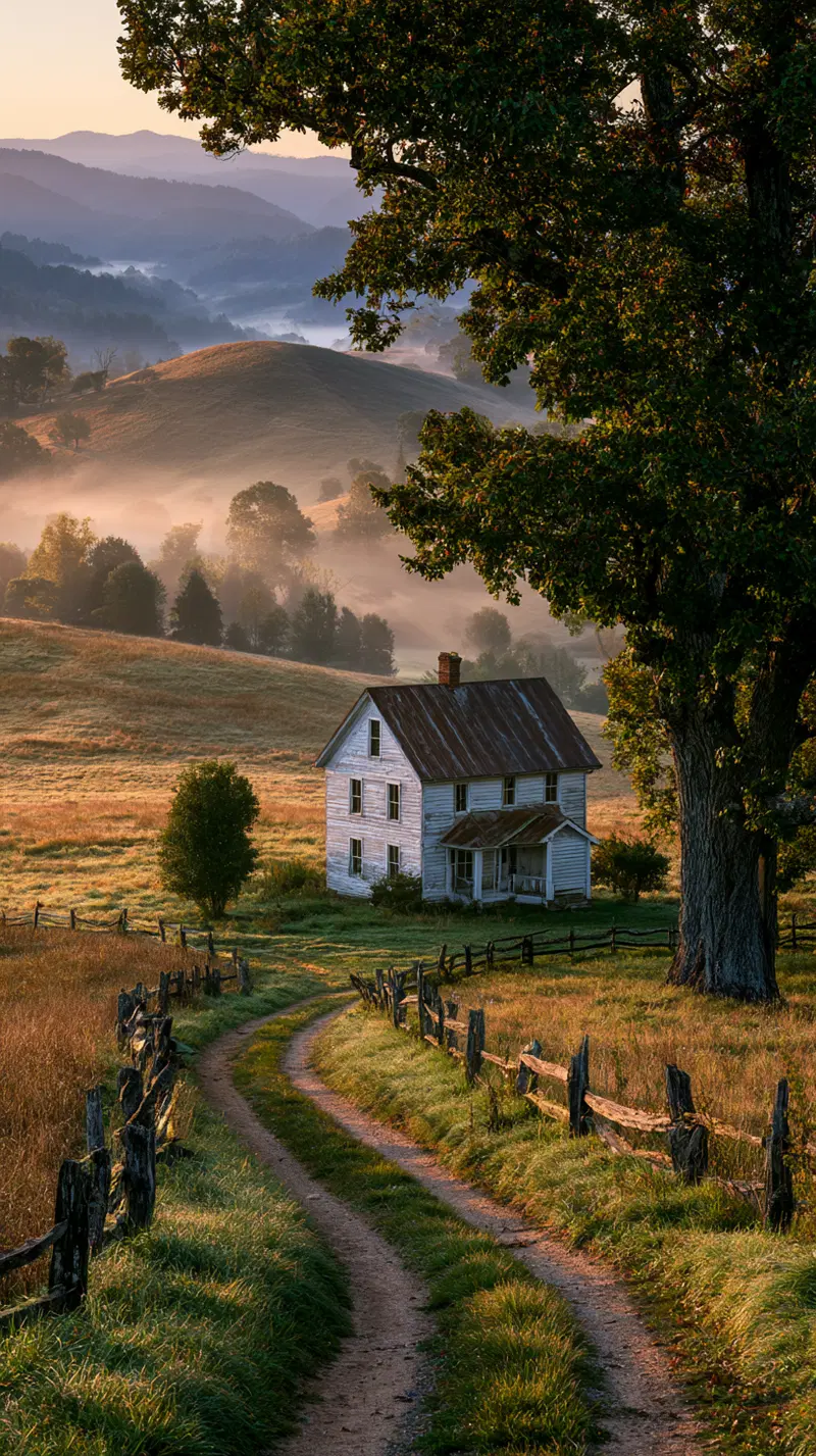 Peaceful rural landscape with an old white house surrounded by hills and morning mist