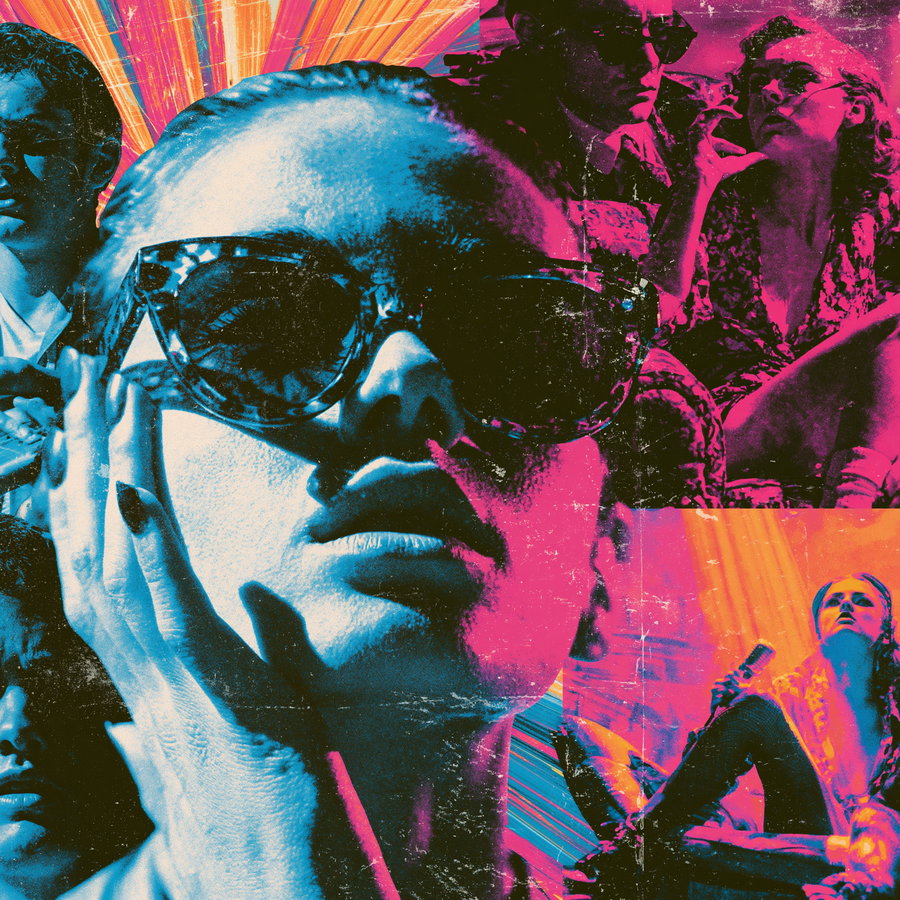 Collage of stylized portraits with vibrant cyan, magenta, and orange colors, featuring people wearing sunglasses and posing dramatically