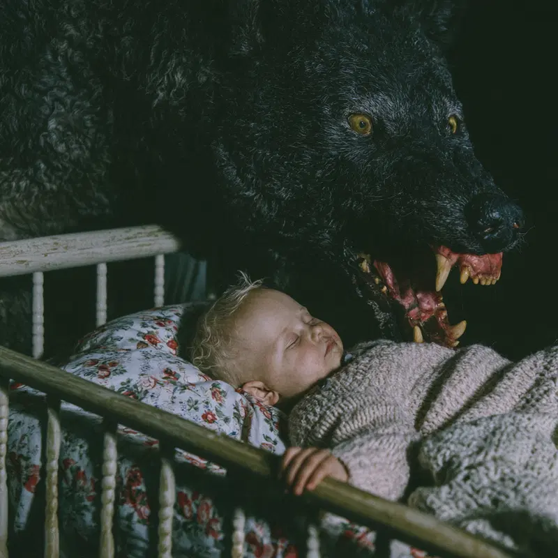 Disturbing dark fantasy scene of sleeping child and menacing wolf