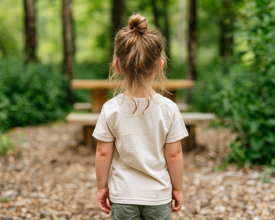 A young girl with blonde hair tied in a bun is standing with her back to the camera, wearing a white t-shirt and green pants, surrounded by greenery and trees, with a wooden picnic table in the background.