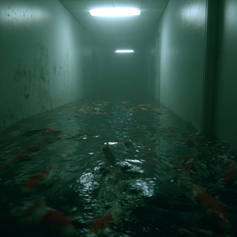 A dimly lit hallway with peeling paint on walls, flooded with water containing numerous orange fish swimming, illuminated by ceiling lights
