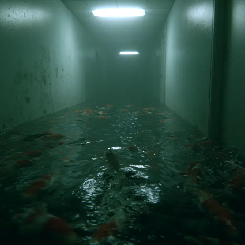 Surreal scene of a flooded hallway filled with fish swimming underwater