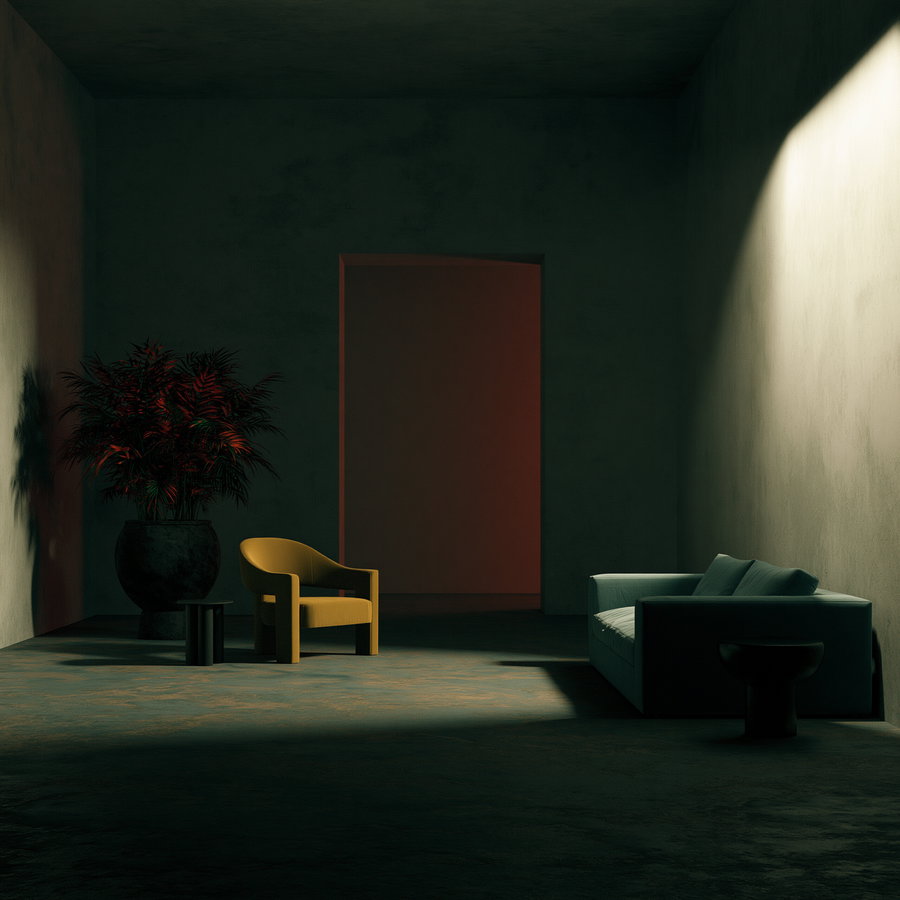 A dark and moody minimalist interior room with a yellow armchair, a turquoise sofa, black small tables, a large potted plant, and a doorway with soft light casting shadows on textured walls and floor.