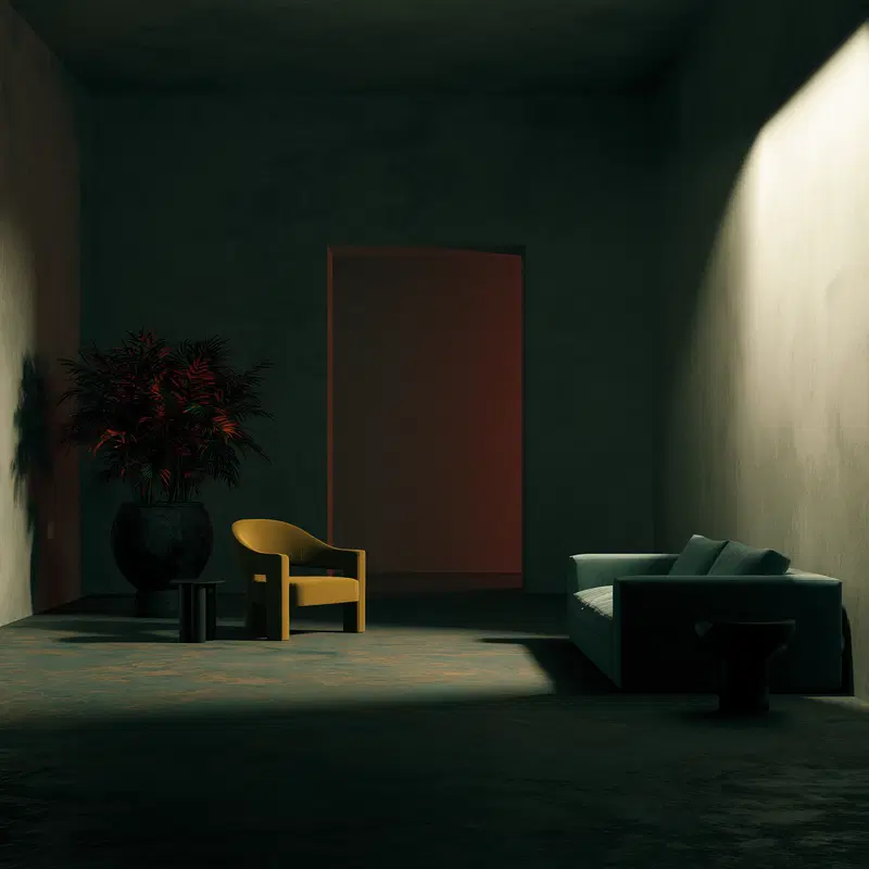 Minimalist interior with moody lighting and modern furniture arrangement