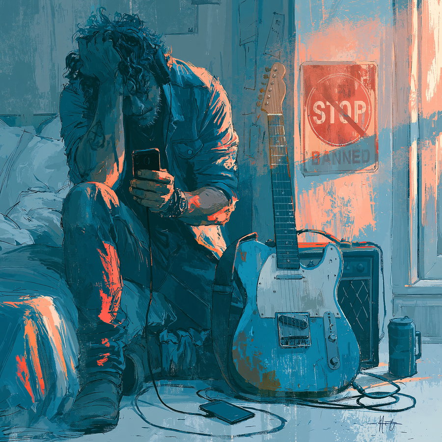 A detailed illustration of a man sitting on the floor with one hand on his head and the other holding a smartphone, wearing headphones. Next to him is a blue electric guitar resting against an amplifier, with a can placed nearby and a 'STOP BANNED' sign on the wall.
