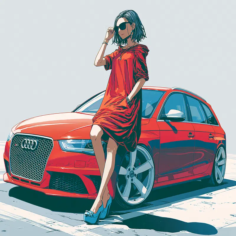 Stylish woman posing with a red Audi car in a detailed anime art style