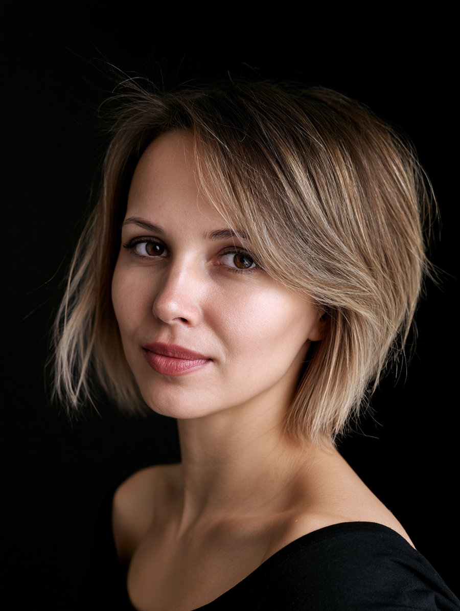 A close-up image of a woman with short blonde hair and brown eyes, wearing a black top, against a solid black background.