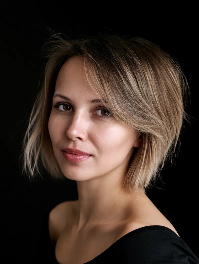 Close-up portrait of a woman with short blonde hair against black background