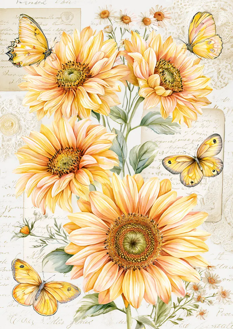 Detailed illustration of sunflowers with yellow butterflies and vintage paper background
