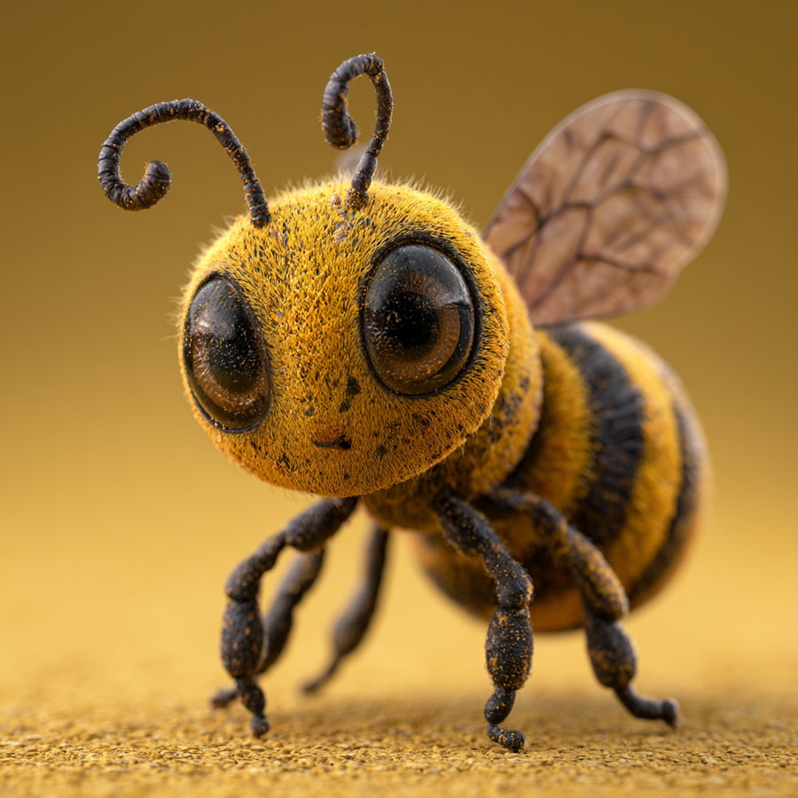 A detailed digital illustration of a bee with large, shiny eyes, curly antennae, six legs, and translucent wings, all textured and standing on a textured surface against a warm yellow background.
