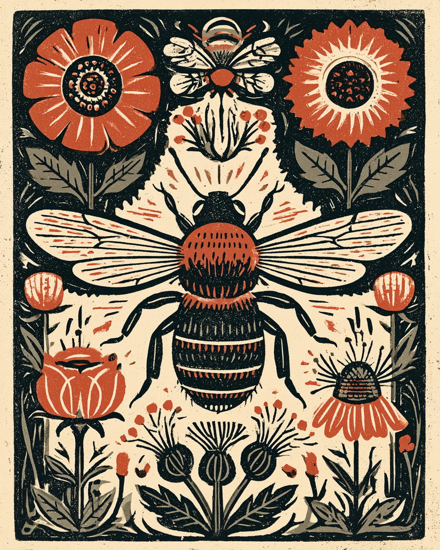 Illustration featuring a large bee in the center surrounded by flowers and a smaller bee at the top, using a vintage color palette of red, black, and beige