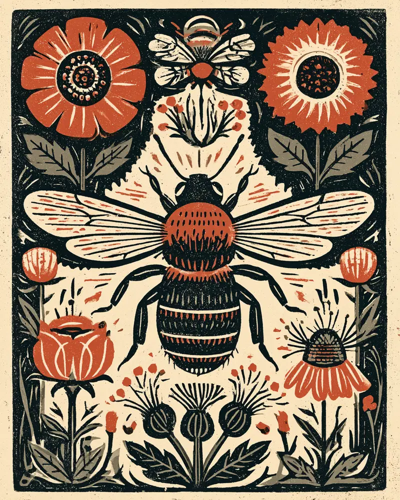 Vintage style illustration of bees and flowers in earthy tones