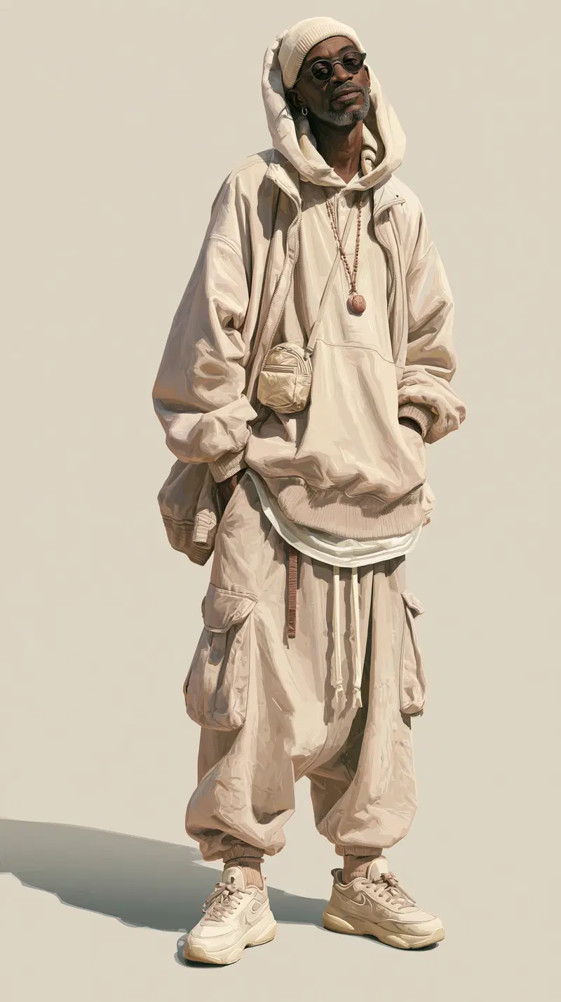 Stylish man in beige streetwear standing against neutral background