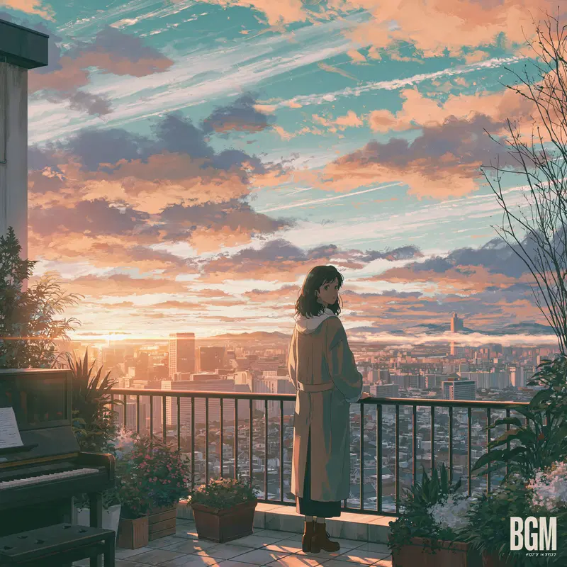 Serene anime scene of a woman overlooking a cityscape at sunset with a piano nearby
