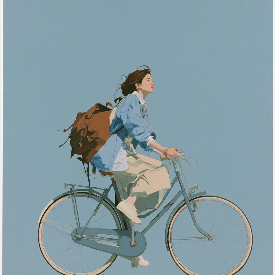 A digital-style illustration depicting a woman with flowing hair riding a classic bicycle, wearing a blue jacket, beige skirt, and white sneakers, against a plain blue background