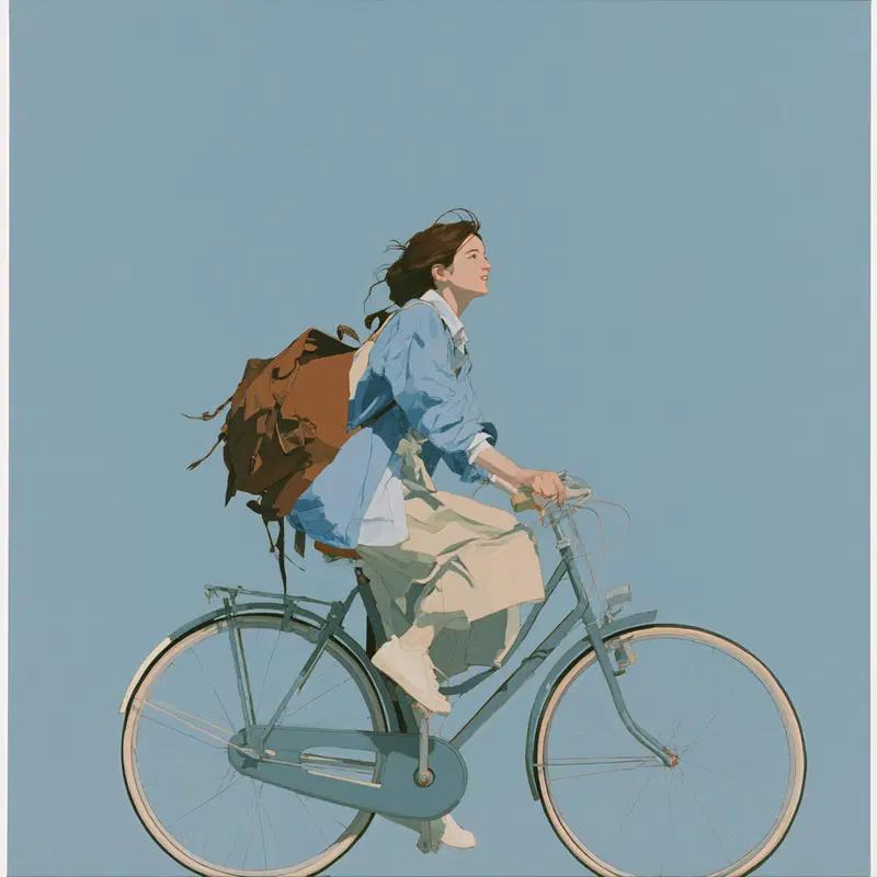 Illustration of a woman riding a bicycle with a blue sky background